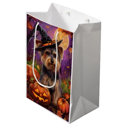 Sac Cadeau Moyen Éffrayant Biewer Terrier Halloween Witch Et Citrou (Devant Angle)