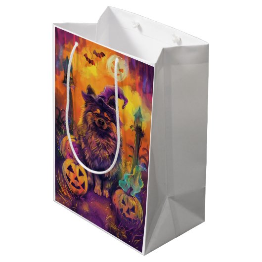 Sac Cadeau Moyen Éffrayant Keeshond Chien Halloween sorcière et Cit (Dos Angle)