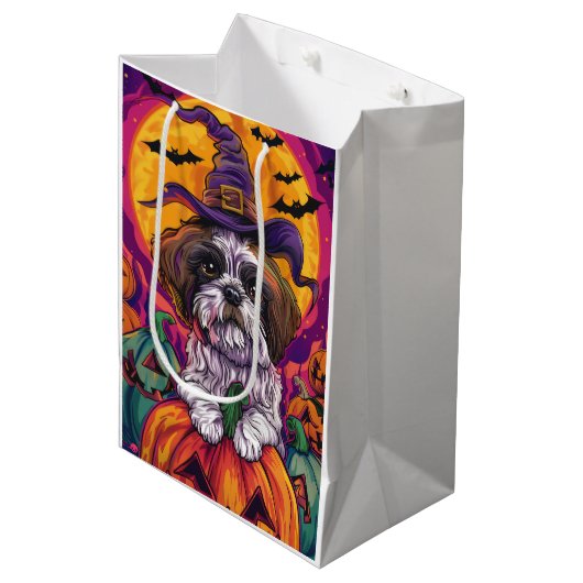 Sac Cadeau Moyen Éffrayant Malti Tzu Chien Halloween Sorcière Et Ci (Devant Angle)