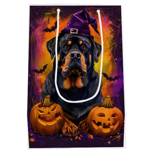 Sac Cadeau Moyen Éffrayant Rottweiler Chien Halloween sorcière et C (Dos)