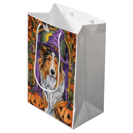 Sac Cadeau Moyen Éffrayant Rough Collie Chien Halloween Citrouille (Devant Angle)