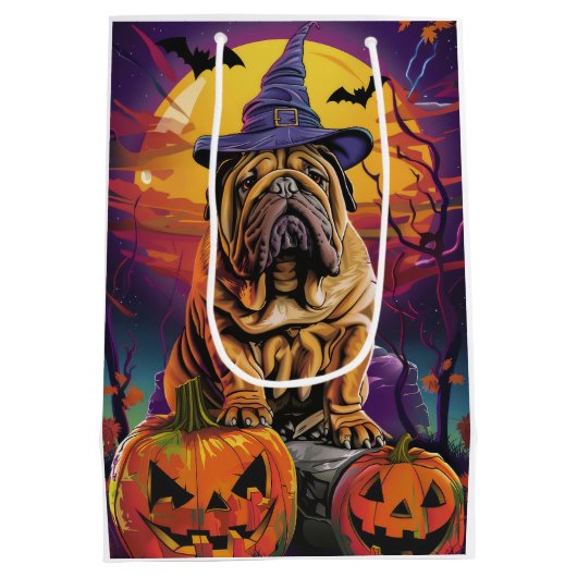 Sac Cadeau Moyen Éffrayant Shar Pei Chien Halloween sorcière et Cit (Dos)
