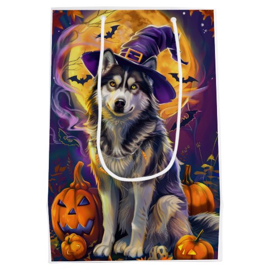 Sac Cadeau Moyen Éffrayant Sibérie Husky Chien Halloween Citrouille (Dos)