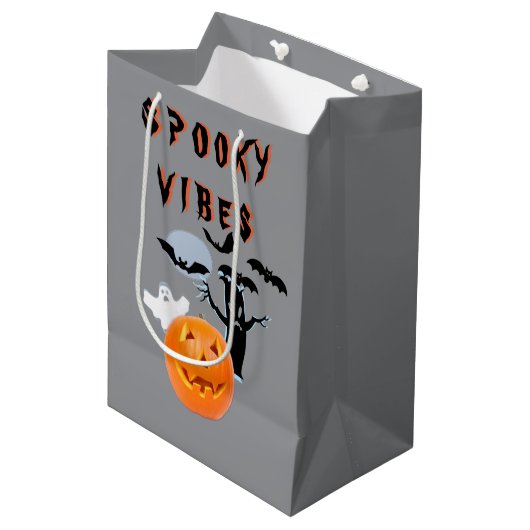 Sac Cadeau Moyen Éffrayant Vibes Ghost Citrouille Halloween Design (Devant Angle)