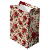 Sac Cadeau Moyen Élégance romantique : Roses et coeurs (Devant Angle)