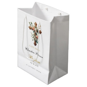 Sac Cadeau Moyen Elégant aquarelle Floral Cross Baptism
