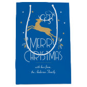 Sac Cadeau Moyen Elégant Art Déco Reindeer de Noël Or Bleu (Devant)