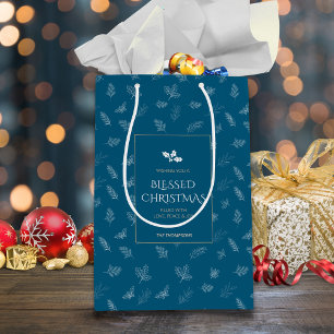 Sac Cadeau Moyen Elégant blanc Feuilles d'hiver Mistletoe Bleu
