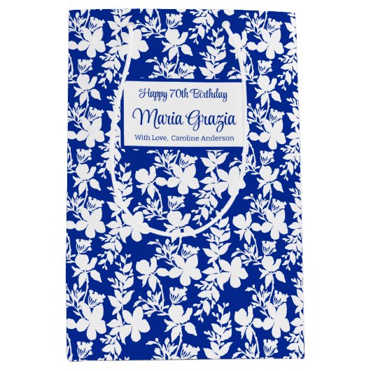 Sac Cadeau Moyen Elégant bleu blanc floral 70e anniversaire (Devant)