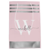 Sac Cadeau Moyen Élégant Bleu rose Argent Striped Monogramme Script (Devant)