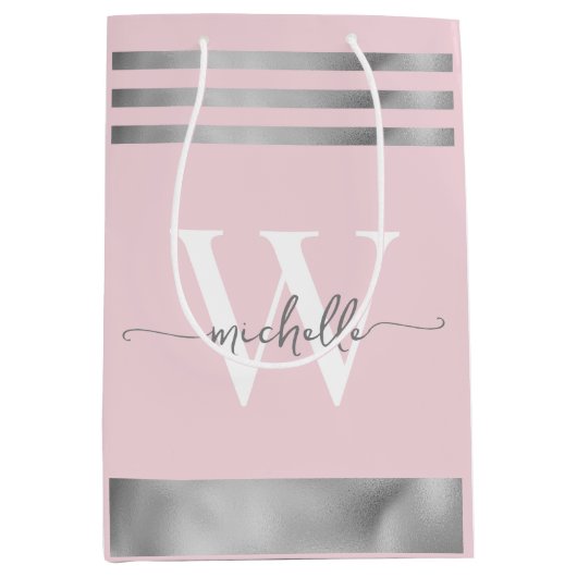Sac Cadeau Moyen Élégant Bleu rose Argent Striped Monogramme Script (Devant)