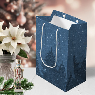 Sac Cadeau Moyen Élégant Blue Winter neige arbres vacances