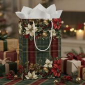 Sac Cadeau Moyen Élégant Classic Plaid Poinsettias Rouge Holly & Or