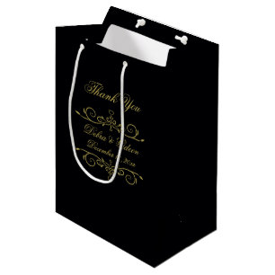 Sac Cadeau Moyen Élégant Coeur Noir et Or Flourish Merci