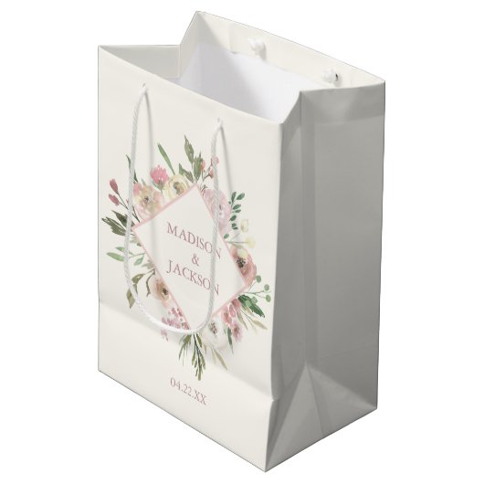 Sac Cadeau Moyen Élégant Floral Blush Pony rose Mariage d'été (Devant Angle)