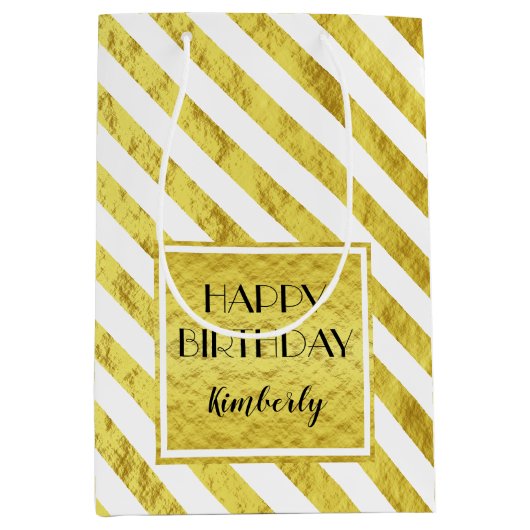 Sac Cadeau Moyen Elégant Gold Stripes Joyeux Anniversaire (Devant)