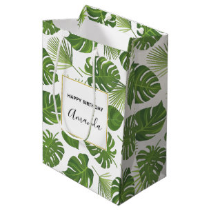 Sac Cadeau Moyen Elégant Green Tropical Feuille Motif Anniversaire