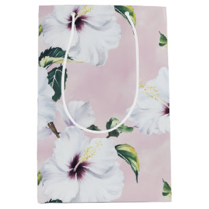 Sac Cadeau Moyen Elégant Hibiscus blanc sur Arrière - plan rose dou