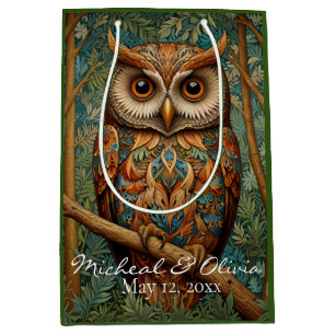Sac Cadeau Moyen Élégant hibou rétro boho bohème bohème forêt verte