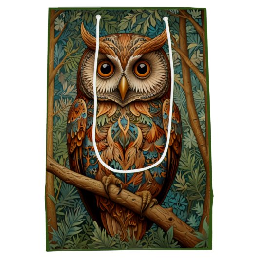 Sac Cadeau Moyen Élégant hibou rétro boho bohème bohème forêt verte (Dos)
