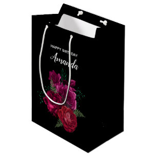 Sac Cadeau Moyen Elégant Magenta Rose Bouquet floral Anniversaire