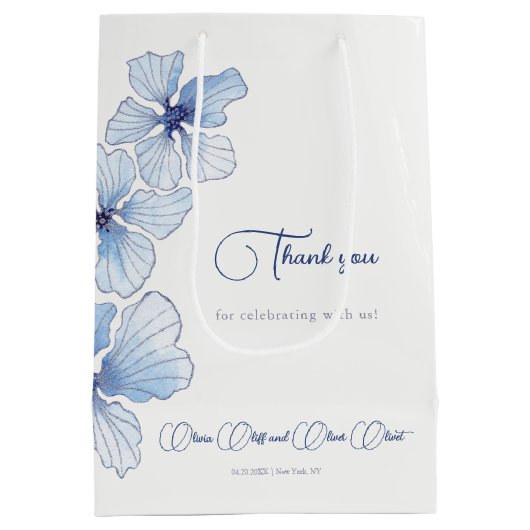 Sac Cadeau Moyen Élégant Mariage de fleurs bleues (Dos)