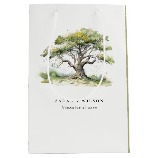 Sac Cadeau Moyen Elégant minimal vert aquarelle Mariage chêne arbre (Devant)