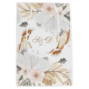 Sac Cadeau Moyen Élégant Monogramme Boho Aquarelle fleurs & oiseaux