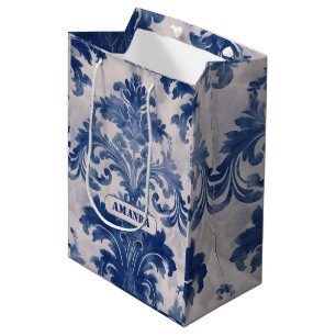 Sac Cadeau Moyen Élégant monogramme damassé Toile de Jouy bleue