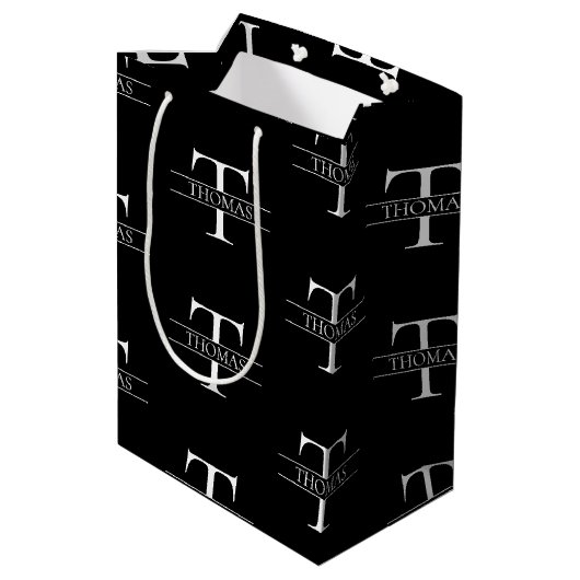 Sac Cadeau Moyen Élégant Monogramme noir Nom personnalisé Motif (Dos Angle)