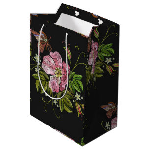 Sac Cadeau Moyen Élégant Motif floral broderie Arrière - plan noir