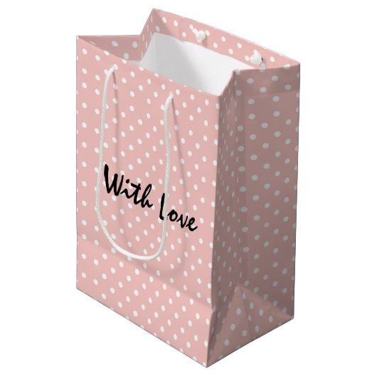 Sac Cadeau Moyen Élégant Motif Peachy Pink Poka Dot Avec Amour (Devant Angle)