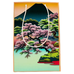 Sac Cadeau Moyen Élégant paysage asiatique fleurs de cerisiers