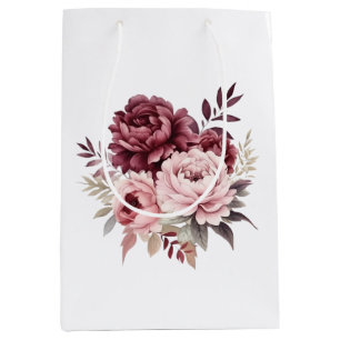 Sac Cadeau Moyen Elégant rose floral Bourgogne Aquarelle Peony