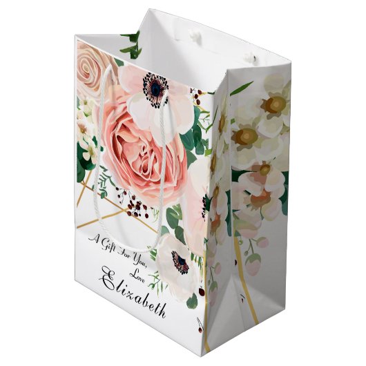 Sac Cadeau Moyen Élégant rose Peach Floral Fleurs (Devant Angle)
