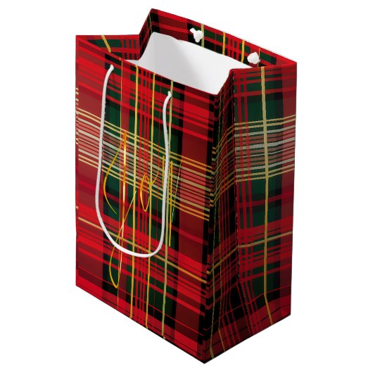 Sac Cadeau Moyen Élégant Rouge et Vert Plaid 'Joy' Script Holiday (Devant Angle)