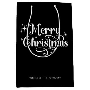 Sac Cadeau Moyen Élégant Script chic noir & blanc Joyeux Noël