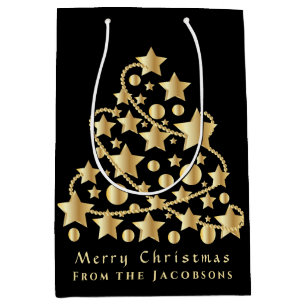 Sac Cadeau Moyen Élégant Script Joyeux Noël Gold Star Black