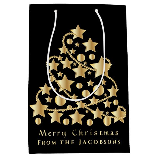 Sac Cadeau Moyen Élégant Script Joyeux Noël Gold Star Black (Devant)