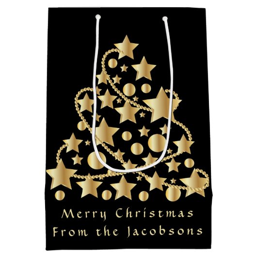 Sac Cadeau Moyen Élégant Script Joyeux Noël Gold Star Black (Dos)