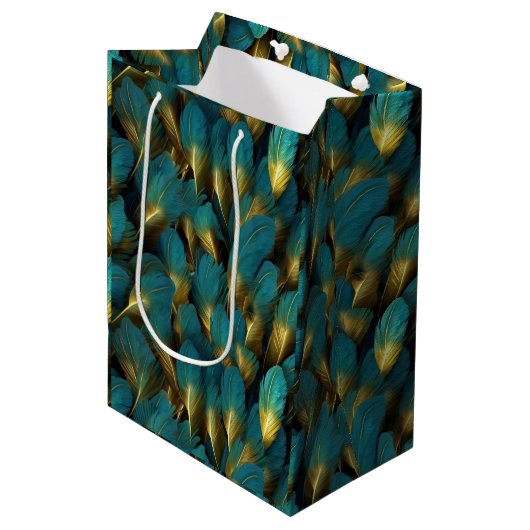 Sac Cadeau Moyen Elegant Teal Gold Feathers (Devant Angle)