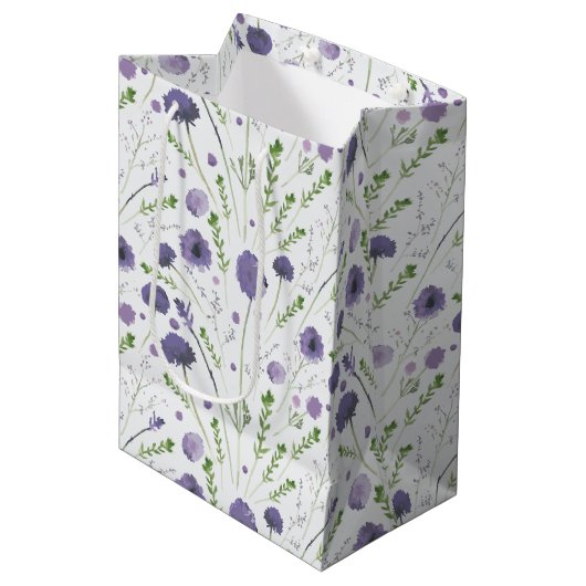 Sac Cadeau Moyen Elégant teint d'eau violet motif floral (Devant Angle)