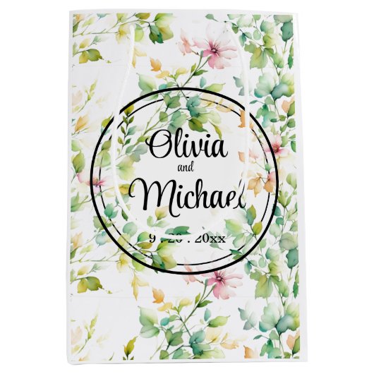 Sac Cadeau Moyen Elégant vert fleurs sauvages d'aquarelle (Devant)