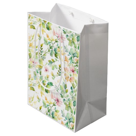 Sac Cadeau Moyen Elégant vert fleurs sauvages d'aquarelle (Dos Angle)