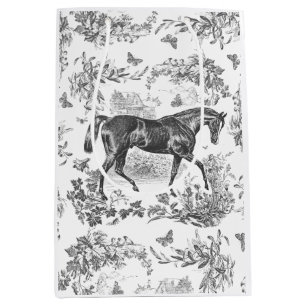Sac Cadeau Moyen Elégant Vintage Rustique Cheval Noir Toile Florale