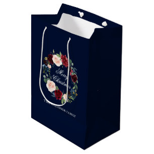 Sac Cadeau Moyen Elégante aquarelle fleurie couronne Joyeux Noël