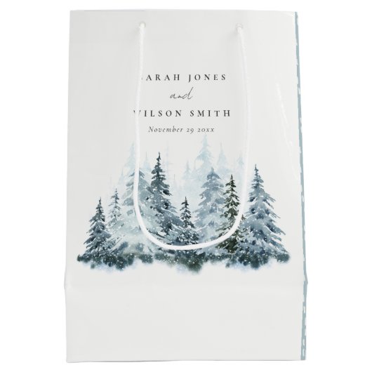 Sac Cadeau Moyen Elégante aquarelle neige hiver Mariage de pin (Dos)