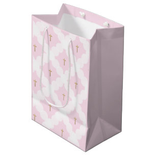 Sac Cadeau Moyen Elégante croix d'or rose blanc motif baptême