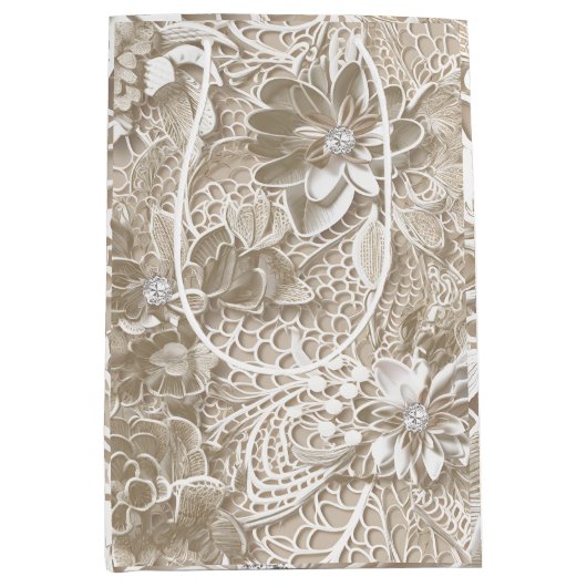 Sac Cadeau Moyen Elégante dentelle beige avec diamant (Devant)