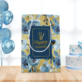Sac Cadeau Moyen Elégante Dusty Blue Floral Gold Joyeux anniversair